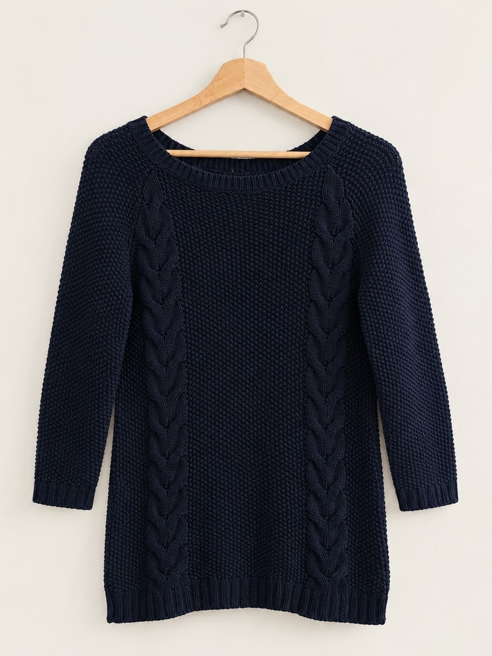 CYNTHIA Rowley Navy Cable Knit Button Back Sweater M 100% Cotton Fall Winter
